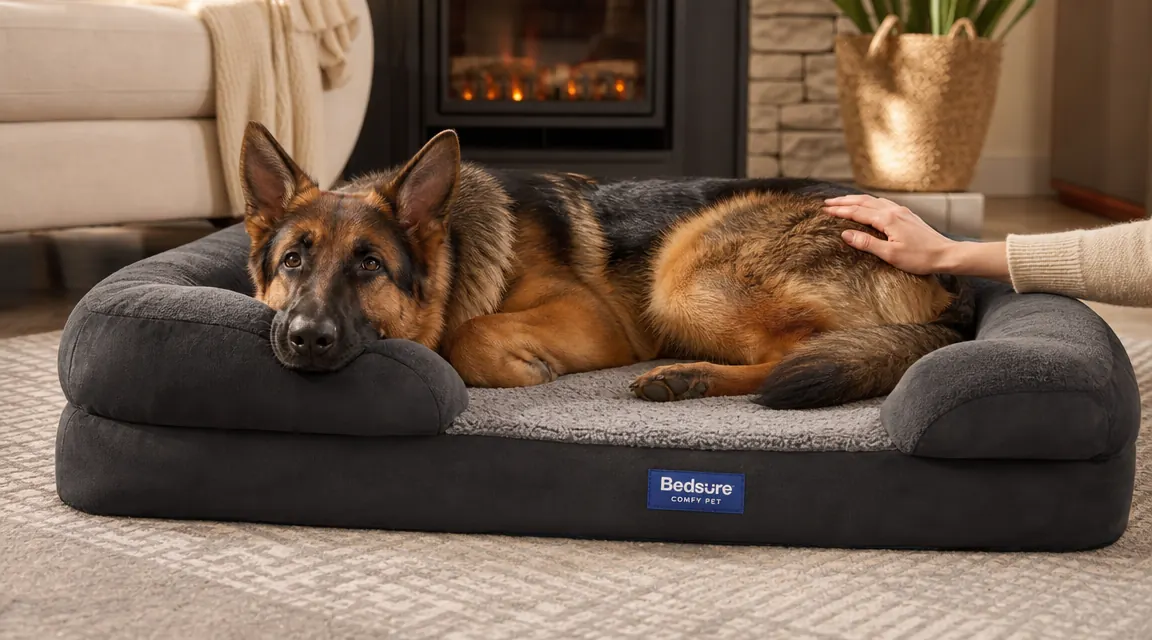 Close-up of a dog settling into a memory foam orthopedic bed, foam visibly conforming around the dog's hips