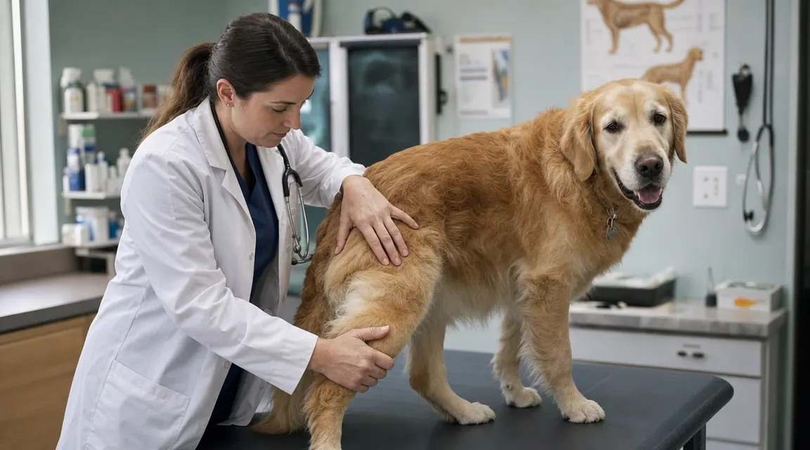 Senior dog waking up and walking away from orthopedic bed without stiffness, tail held relaxed