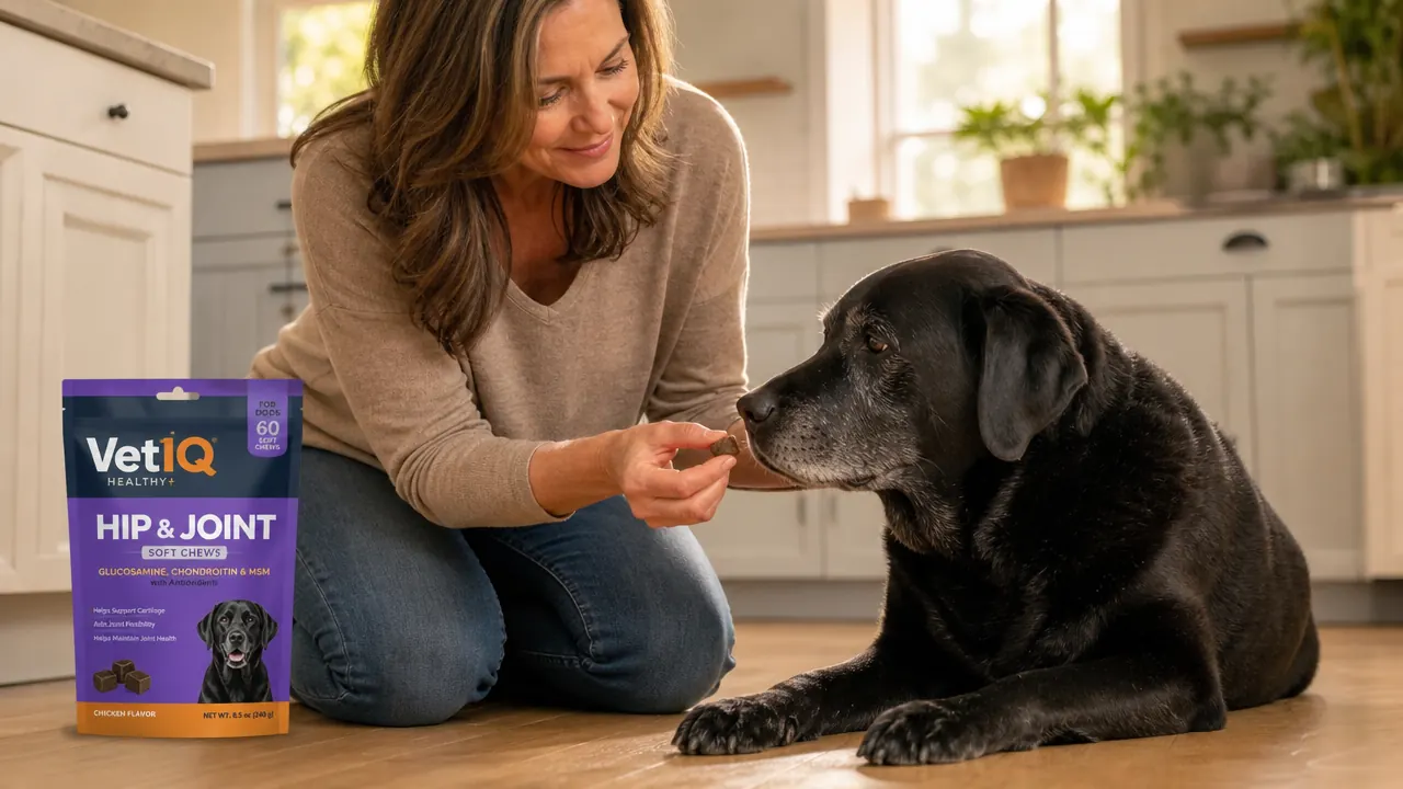 Hand holding a soft chew joint supplement above a beagle's food bowl