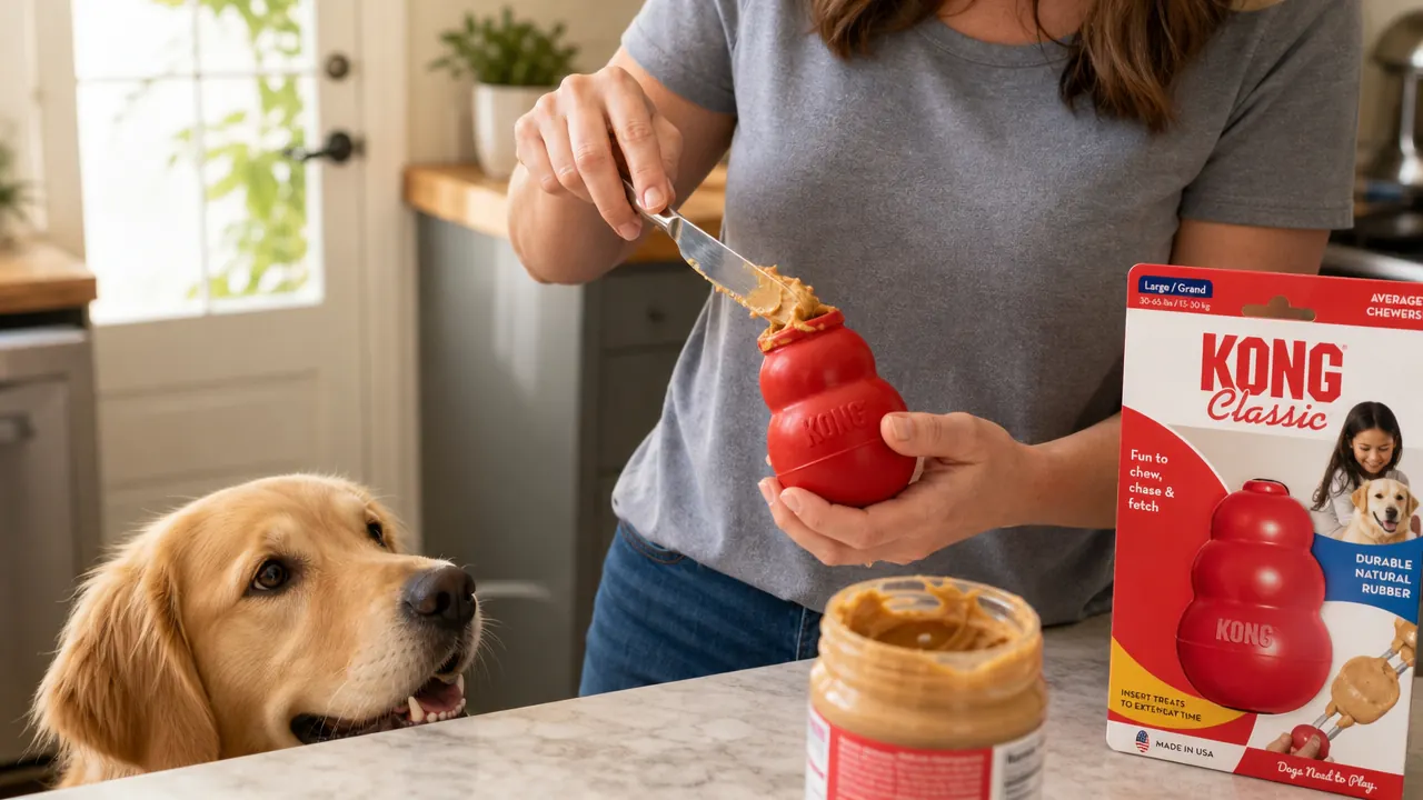 Hand pressing kibble and peanut butter into a KONG toy over a stainless steel bowl