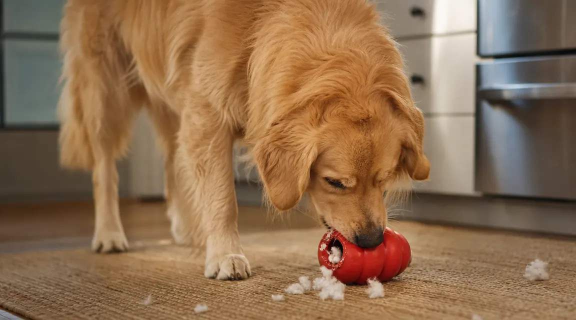 Dog lying on a rug working on a frozen stuffed KONG toy