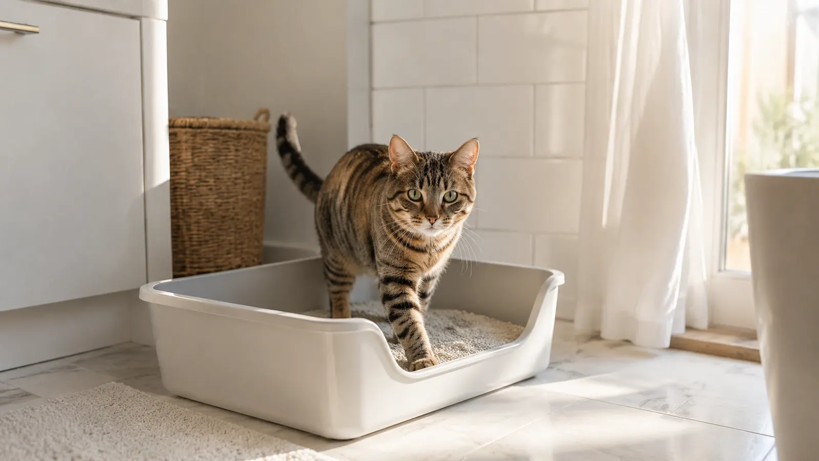 Cat stepping out of a litter box leaving paw prints on a wood floor beside a litter-catching mat