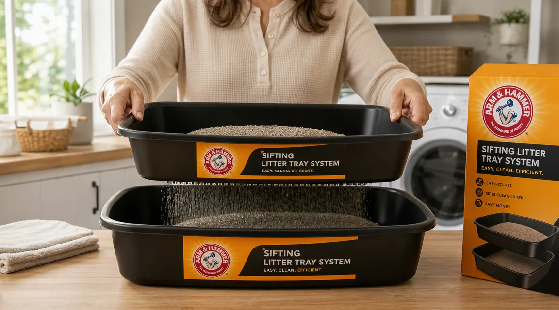 Hands lifting the top perforated sifting tray of the Arm and Hammer three-tray litter box to sift clumps