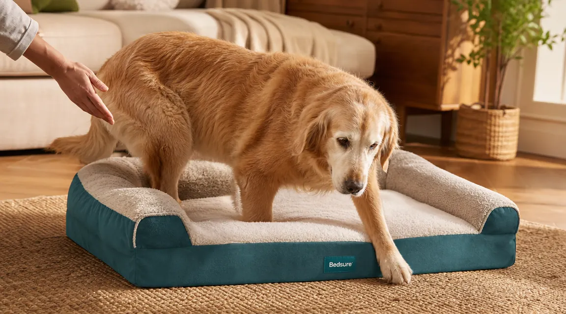 Close-up of a person unzipping the removable cover on the Bedsure orthopedic dog bed to show the foam base underneath