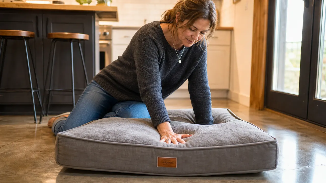Senior large dog settling down onto an orthopedic bed with visible ease, owner watching nearby