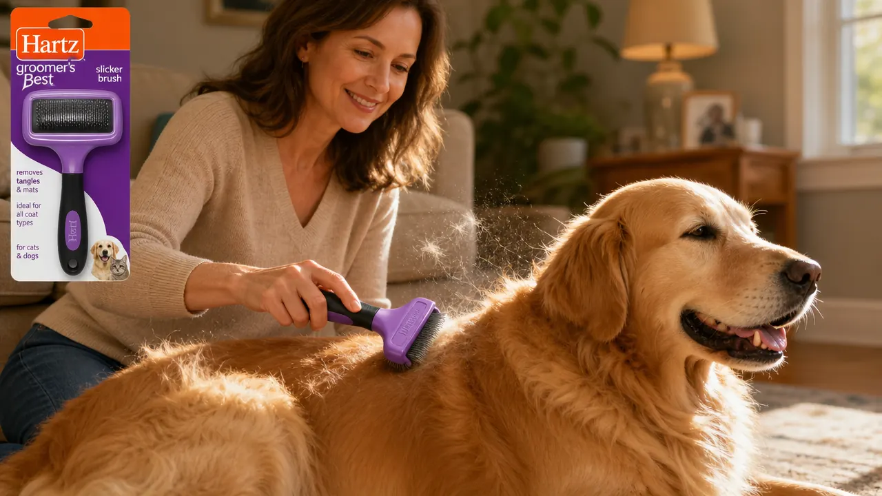 Hand pressing a slicker brush gently against a short-haired tabby cat's back, showing the angle and pressure of pin contact with skin