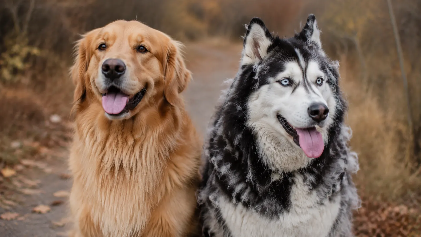 Large golden retriever being groomed outdoors on a patio, thick fur coat, owner working from neck to back
