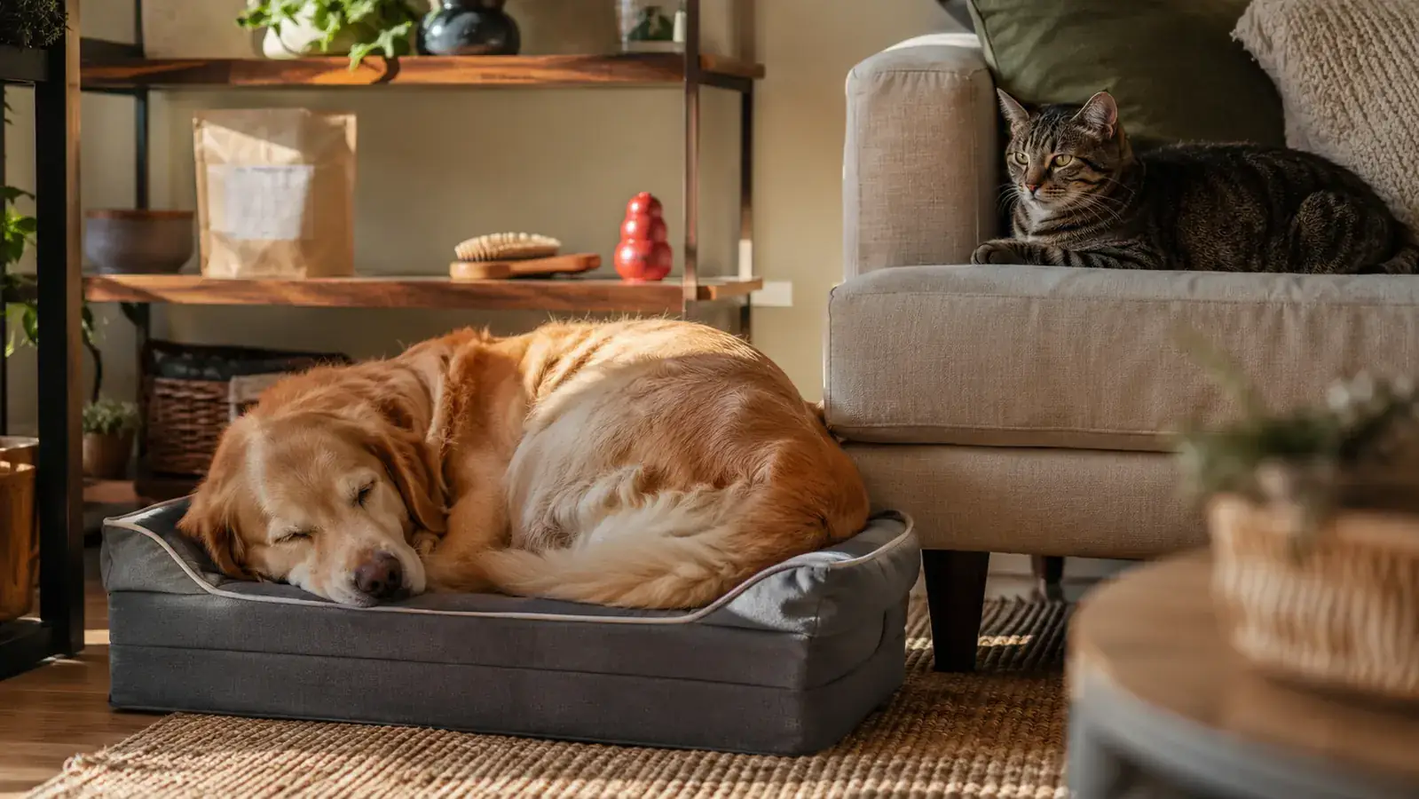 A dog owner sitting on the floor with a happy senior dog, warm afternoon light, lived-in living room