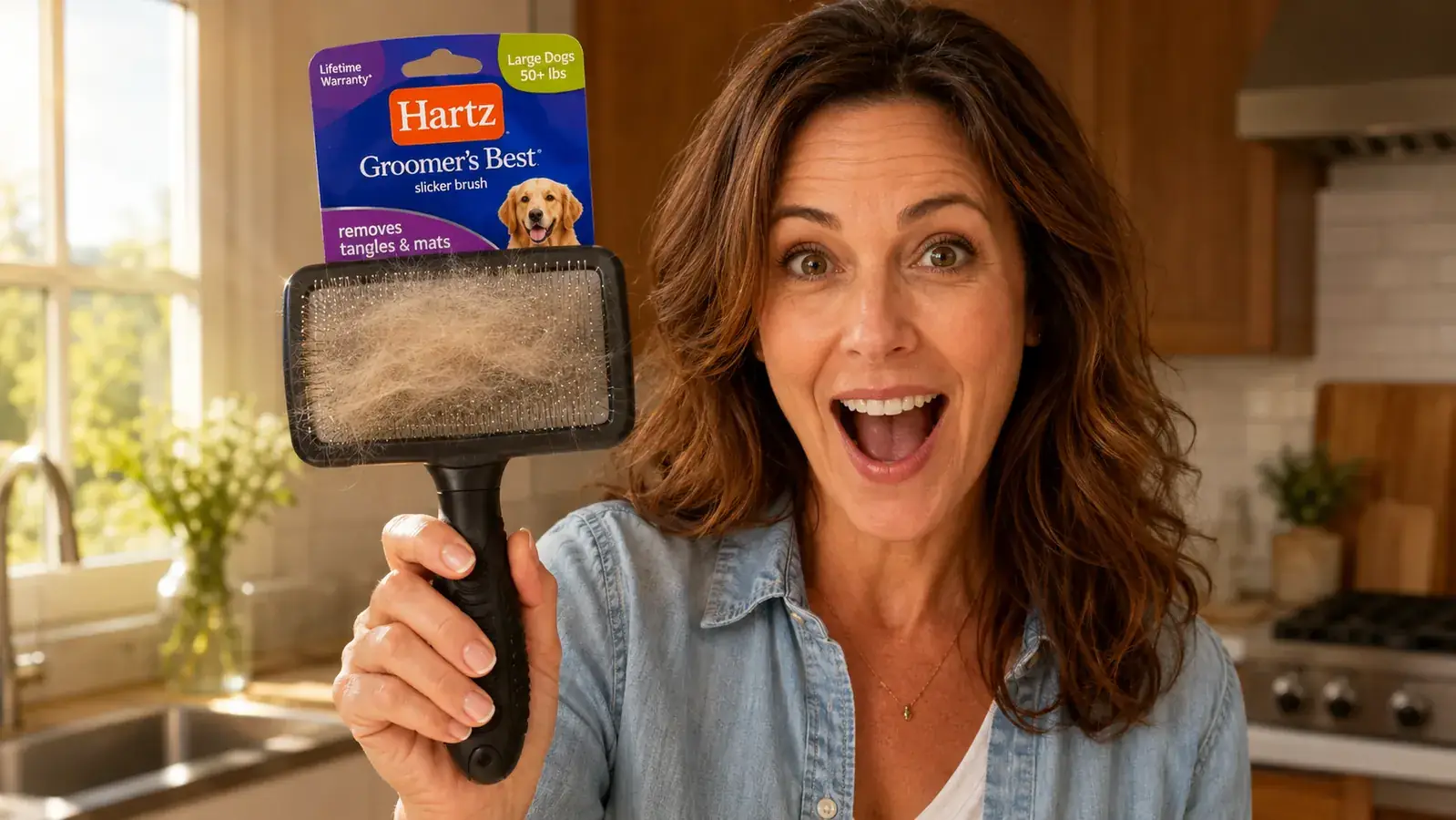 Close-up of a small black and violet slicker brush being held by a woman's hand over a pile of golden dog fur on a wood floor