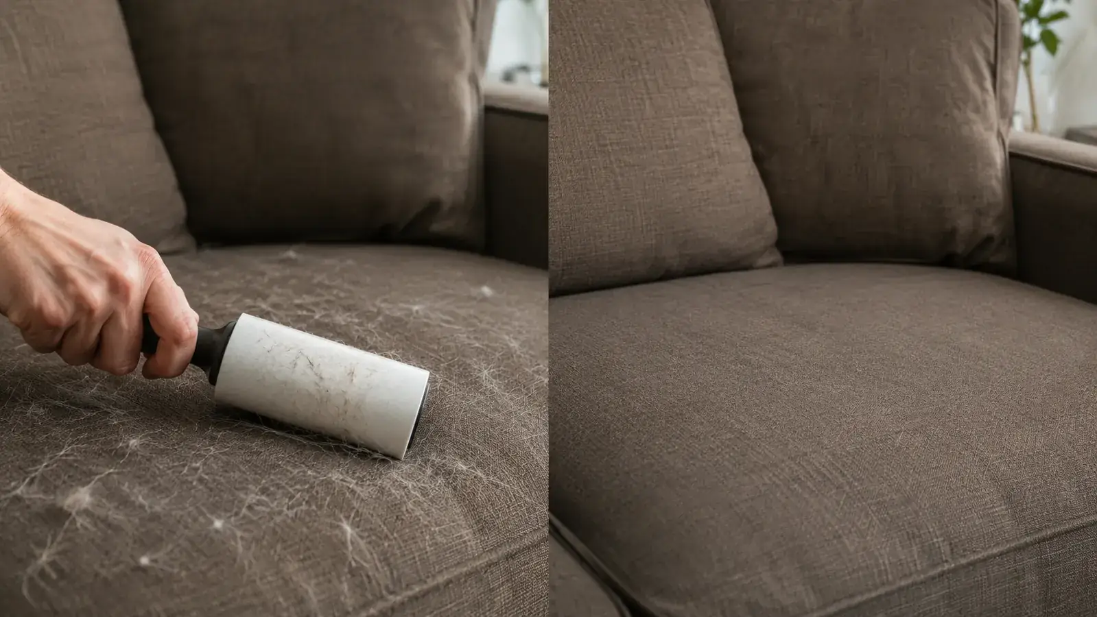 Dog relaxing calmly on a couch while a woman brushes it with a small slicker brush