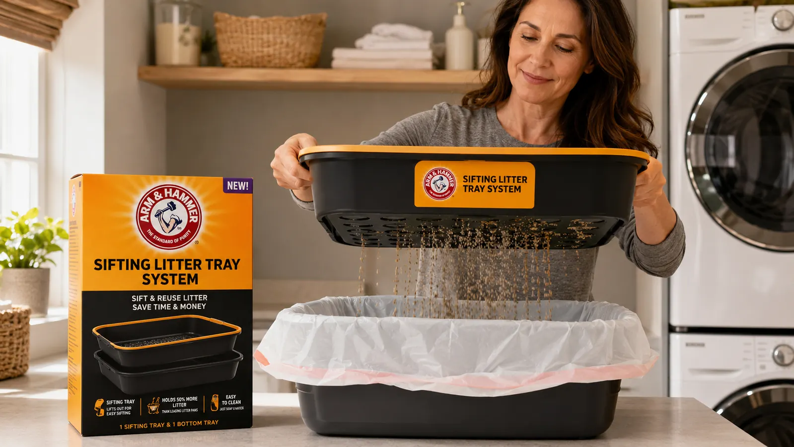 Person scooping a sifting litter tray over a waste bin, clumps separating cleanly from clean litter