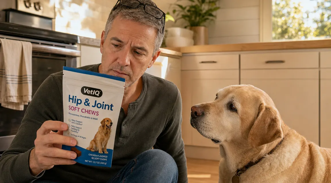 Hand holding a VetIQ soft chew over a dog food bowl filled with kibble