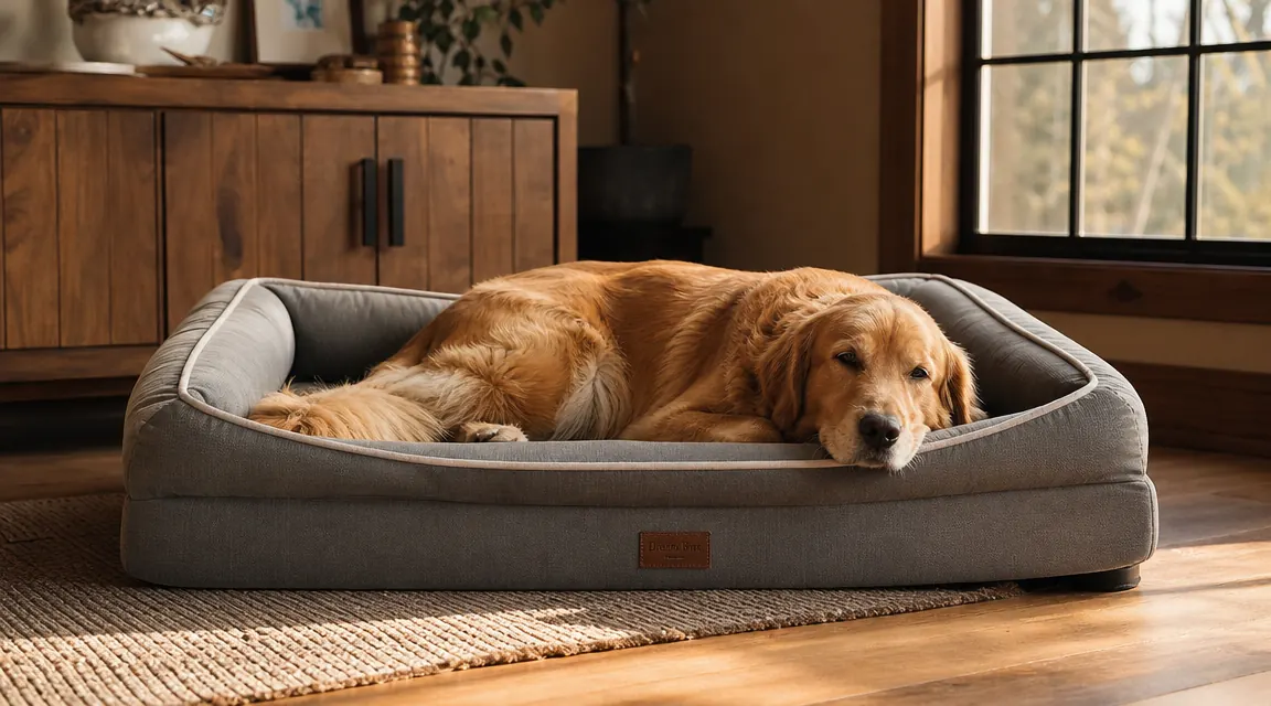 Tape measure alongside a large dog bed showing dimensions for a sprawling large-breed dog