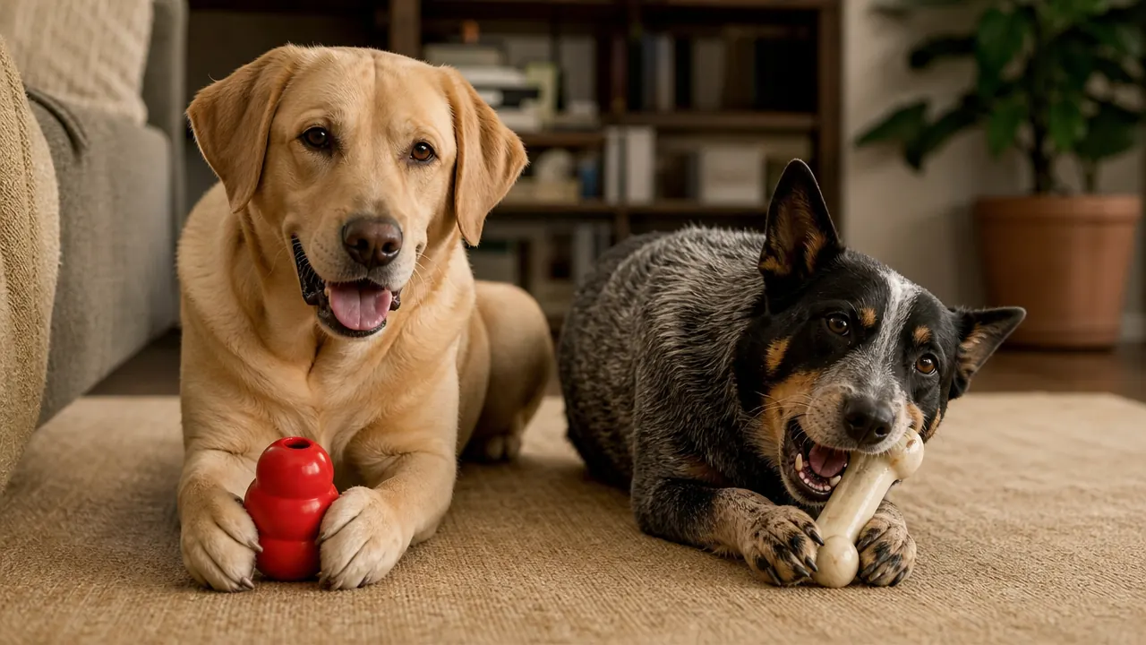 A golden retriever gripping a Benebone wishbone chew between front paws on an area rug
