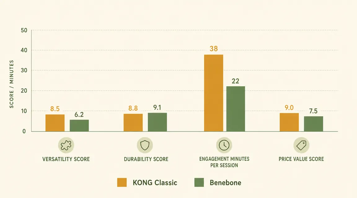 Side-by-side comparison chart of KONG Classic versus Benebone specs including type, durability, stuffability, and cleaning