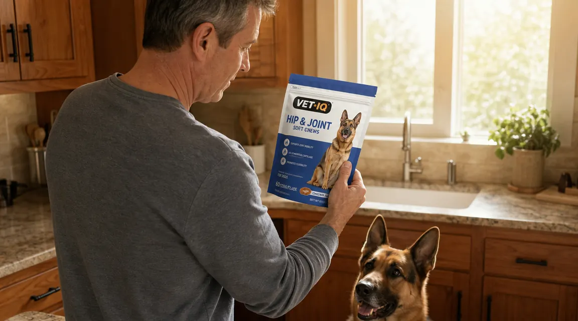 Hand offering a soft chew treat to a beagle dog near a stainless steel food bowl