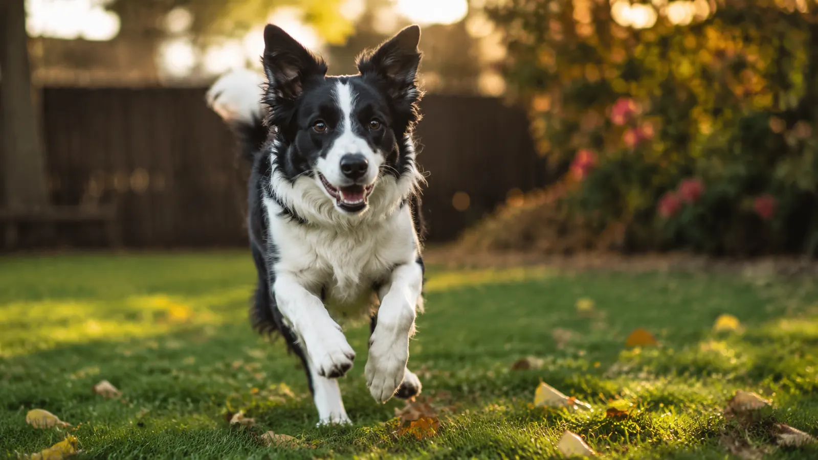 Senior beagle walking comfortably on a sunny backyard path with green grass on either side