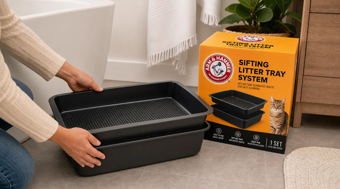 Hand lifting the perforated sifting tray above the solid base tray, clean litter falling through the holes